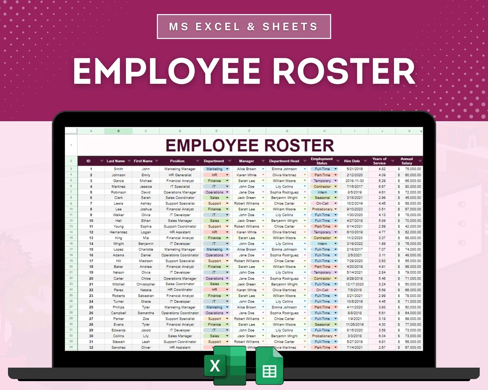 Employee Roster Template, Staff Database Template, Personnel Records Repository Template, HR Database Microsoft Excel Google Sheets Template
