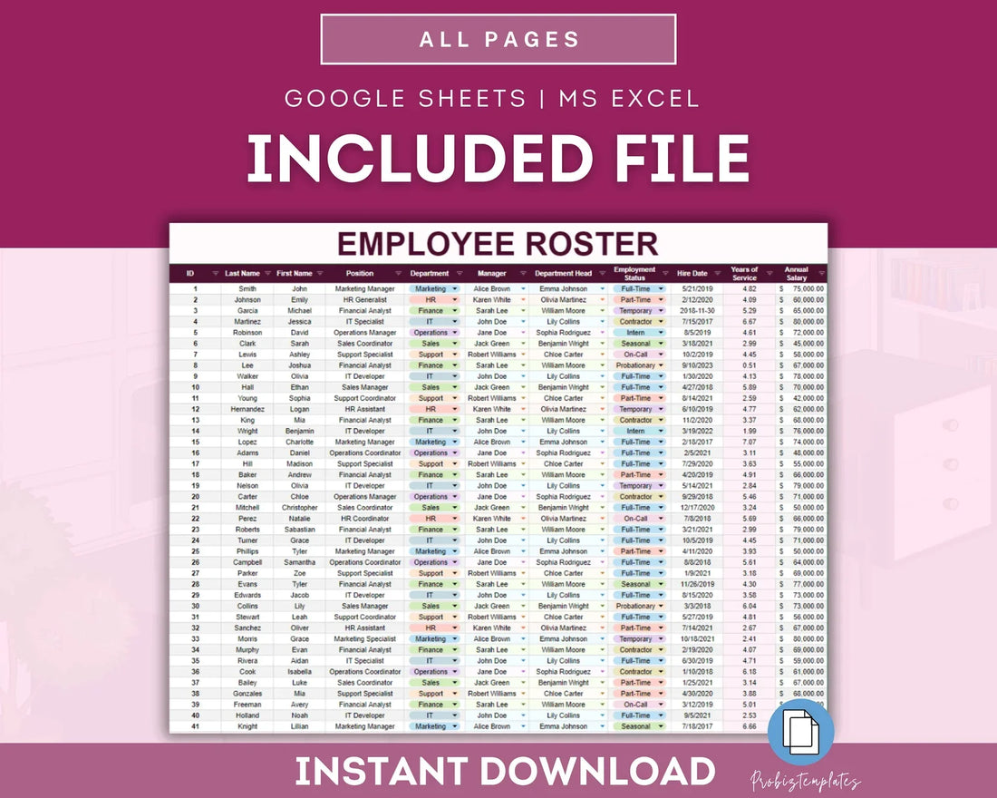 Employee Roster Template, Staff Database Template, Personnel Records Repository Template, HR Database Microsoft Excel Google Sheets Template